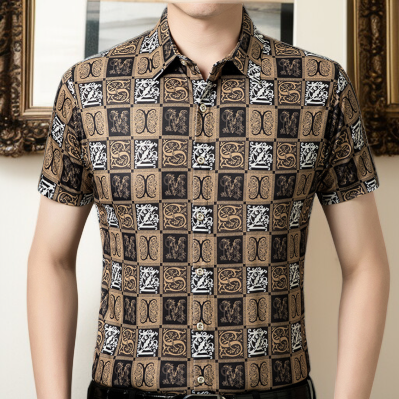 Camisa floral de manga corta de seda helada, no requiere planchado.