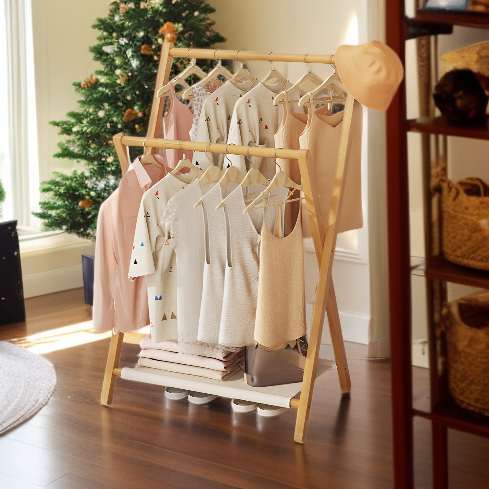 대나무 접이식 실내 옷걸이