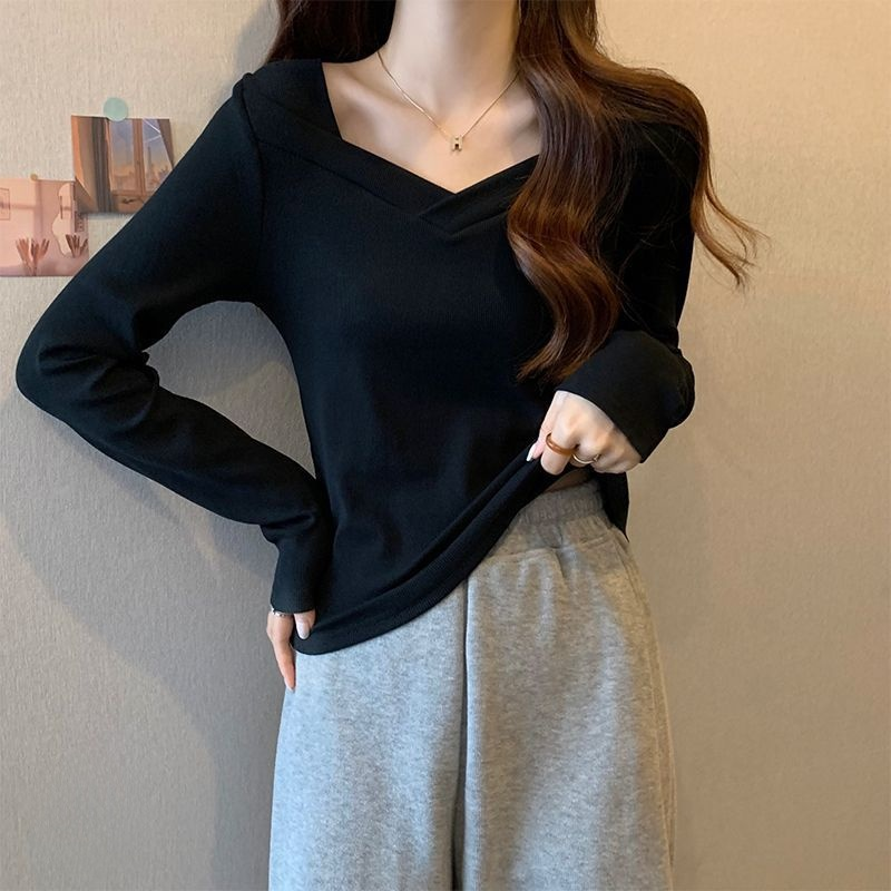 德絨V領打底衫女內搭設計感長袖T恤