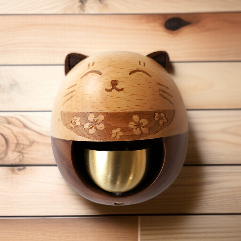 磁気ドアベル、純真鍮トーンのウィンドチャイム、ラッキーキャットドアベル、天然ブナ材のブラックウォールナット真鍮ベル、玄関ドアリマインダーベル、幸運と富、新築祝いのギフトボックス包装