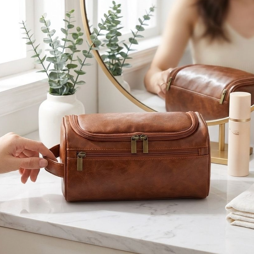 Kosmetik- und Kulturbeutel aus Leder mit großem Fassungsvermögen und mehreren Fächern