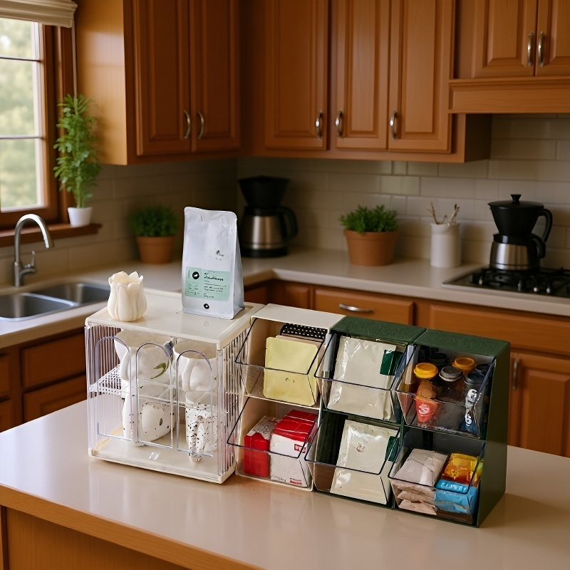 Průhledný stojan na čajové a kávové sáčky, úložný regál na stole