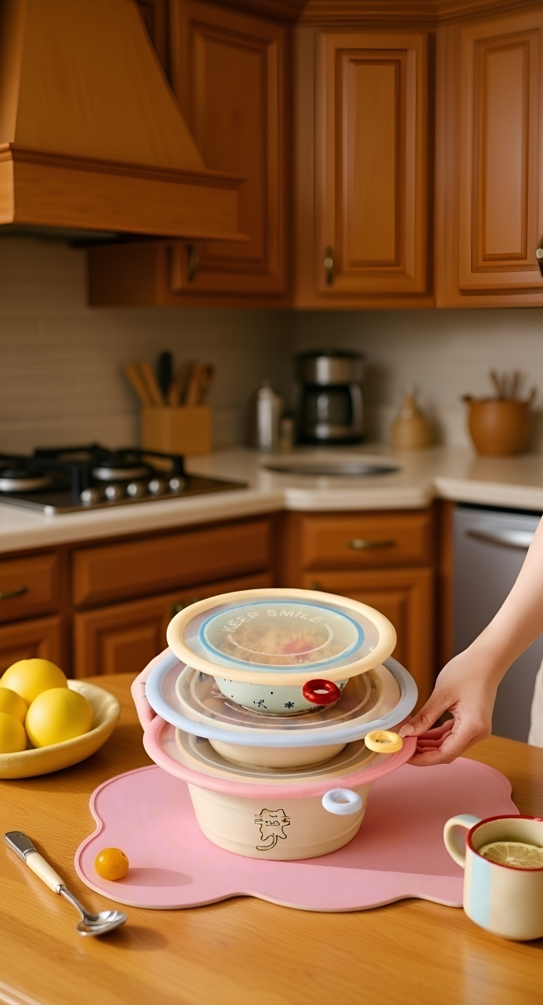 실리콘 뚜껑으로 음식 신선도 유지하는 모습