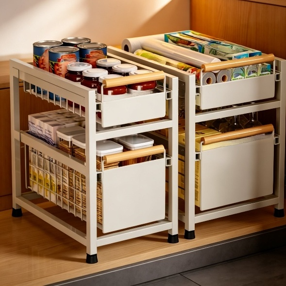 廚房收納架 可抽拉式碗碟置放架 多功能瓶罐整理架