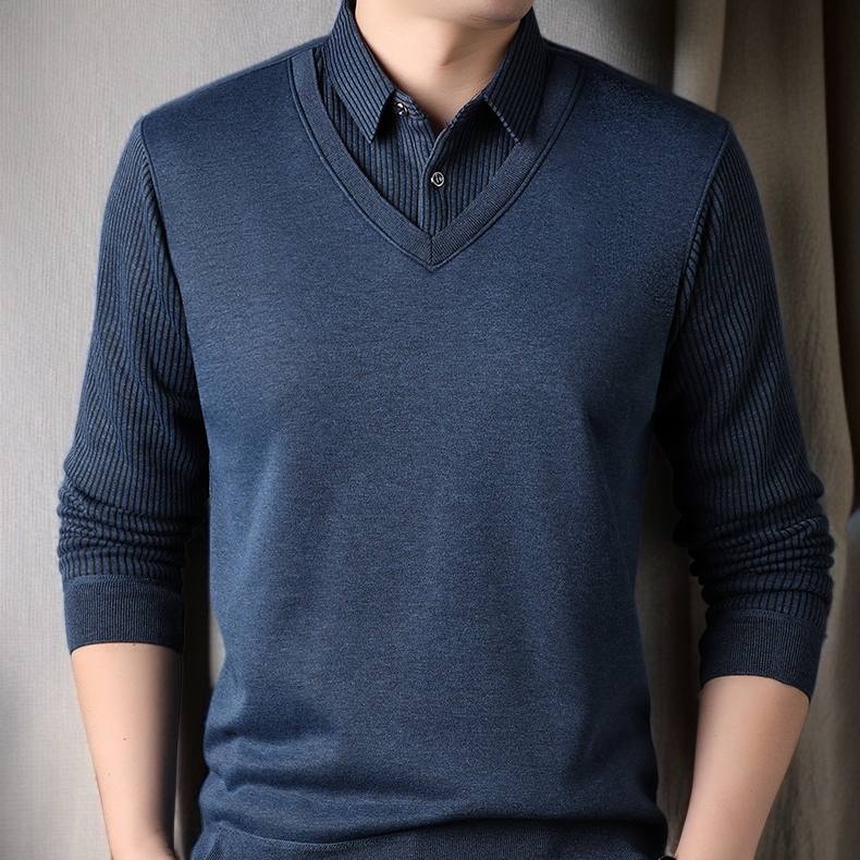 남자 겨울 니트 셔츠 가짜 투피스 기모 도톰 니트 셔츠 솔리드 스트라이프 니트 셔츠