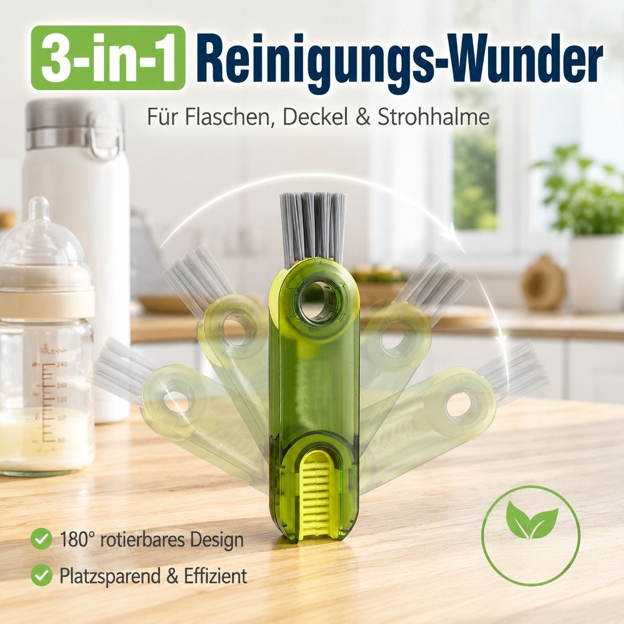 3-in-1 Multifunktionsbürsten-Set (Deckelbürste/Flaschenbürste/Strohhalmbürste)