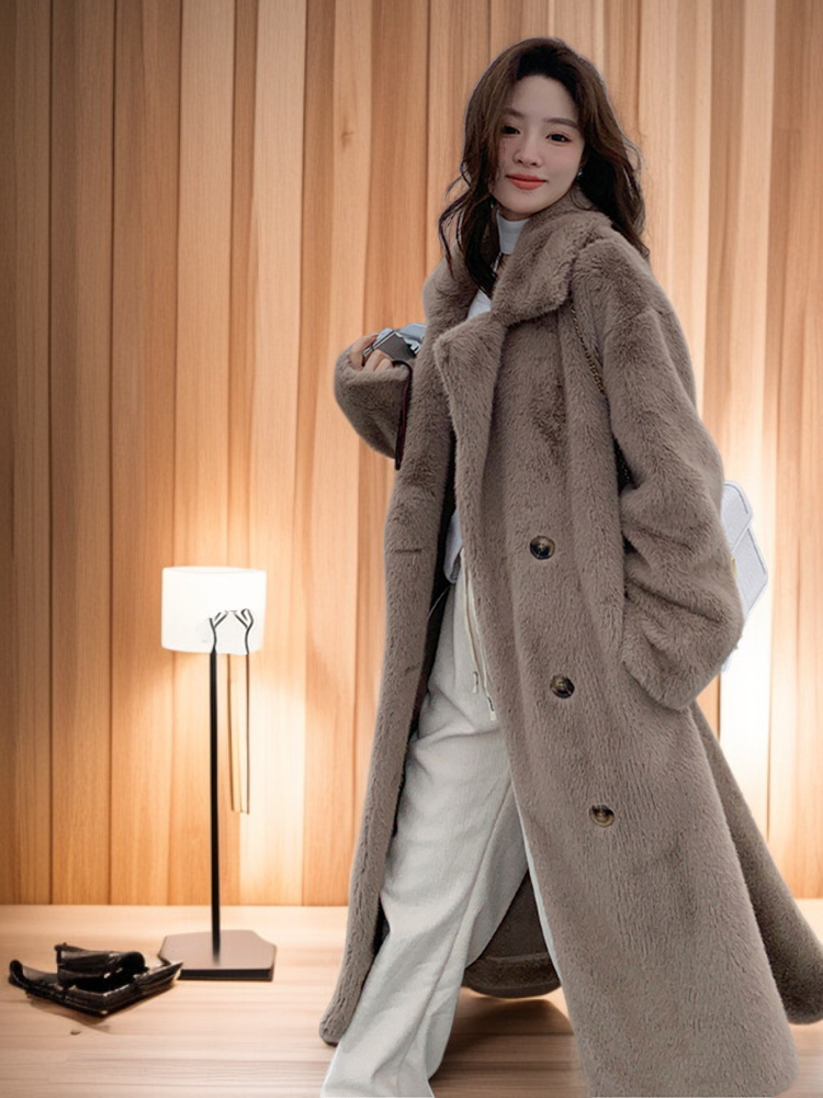 【에코 퍼】밍크 카시미어 골드 버튼 두꺼운 코트