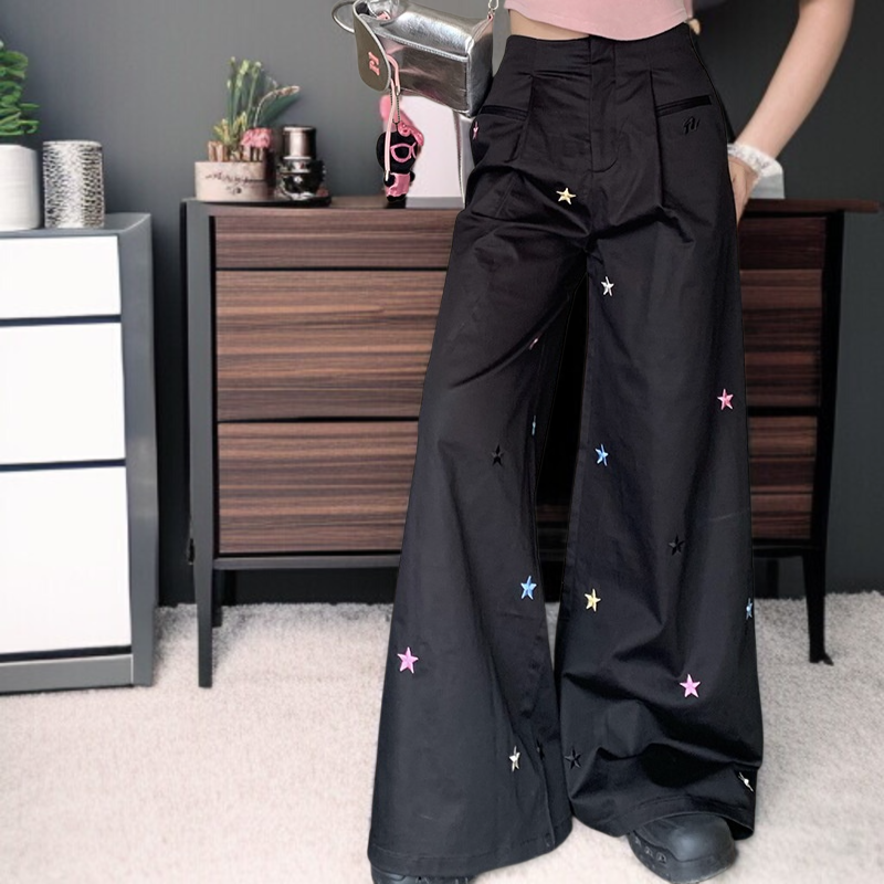 캐주얼 팬츠 여자 별 와이드 팬츠 롱 팬츠 여 슬림 와이드 팬츠 자수 캐주얼 와이드 팬츠