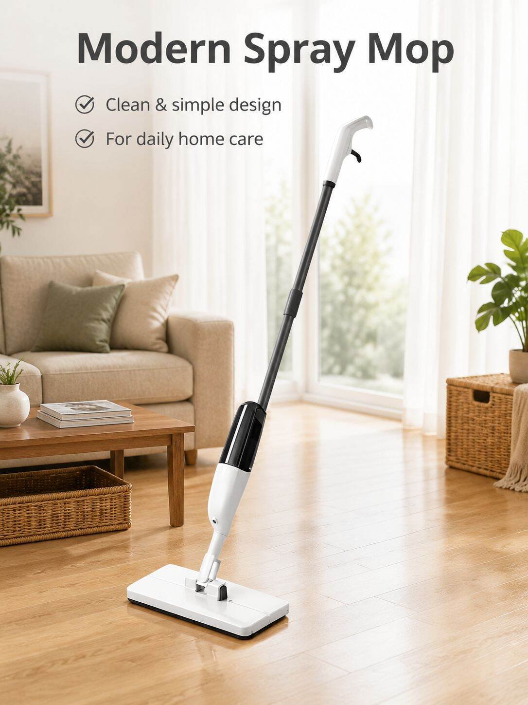 Household Hands-Free Spray Flat Mop with Cloth Clip, Dry and Wet Dual-Use Cleaning Mop