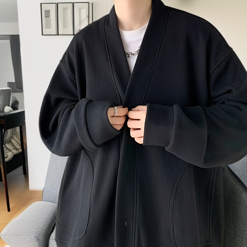 春と秋に着用する男性用のレイジースタイルのウールカーディガンジャケット、Vネックのアメリカンジャケットを備えた先進的な若々しいフードなしセーター