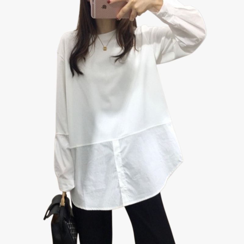 白 秋 長袖シャツ ゆったり 丸首 長袖 ボトムス シャツ コットン Tシャツ