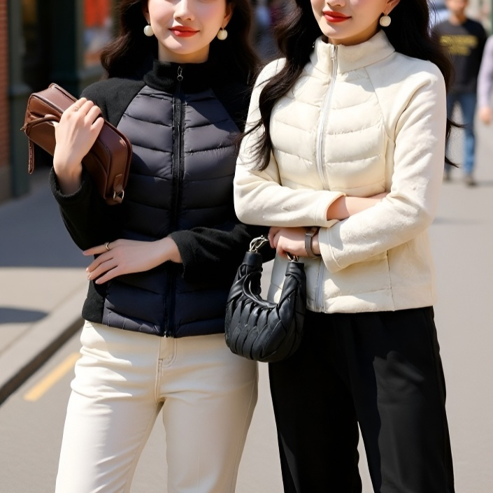 세련된 여성 하이넥 패딩 디테일