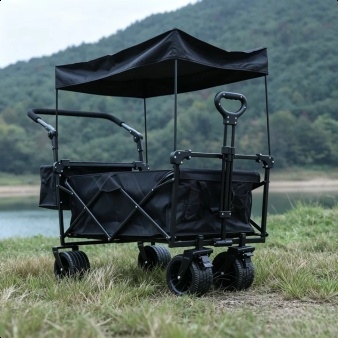 Collapsible camping wagon showing easy folding mechanism