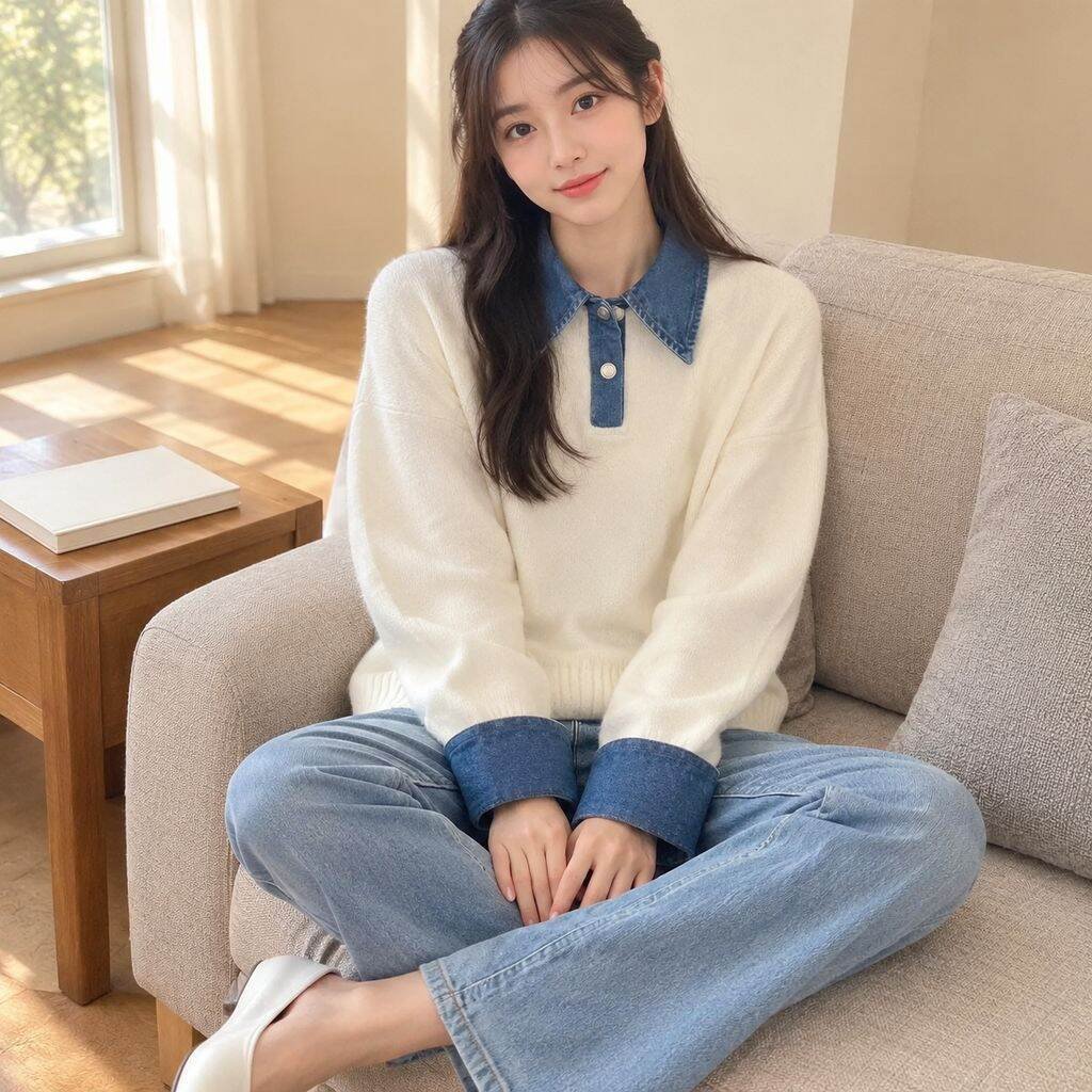 가을겨울 여성 POLO 카라 데님 배색 레이어드 니트 상의