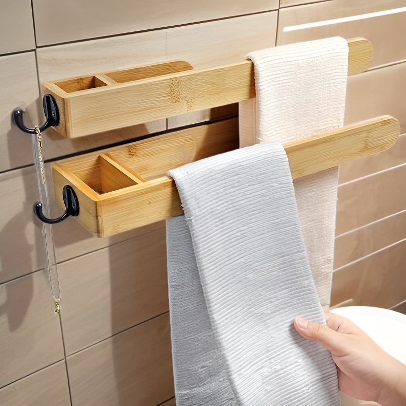 ノンホール取付竹製バスルームタオルラック