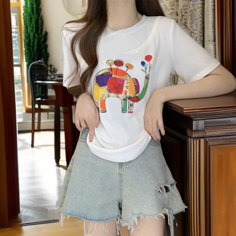 뚱뚱한 여동생 날씬해 보이는 캐주얼 반팔 티셔츠