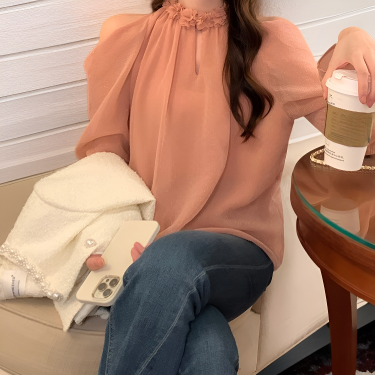 新作秋スタイル ゆったりとしたオフショルダー長袖シフォンブラウス（レディース）