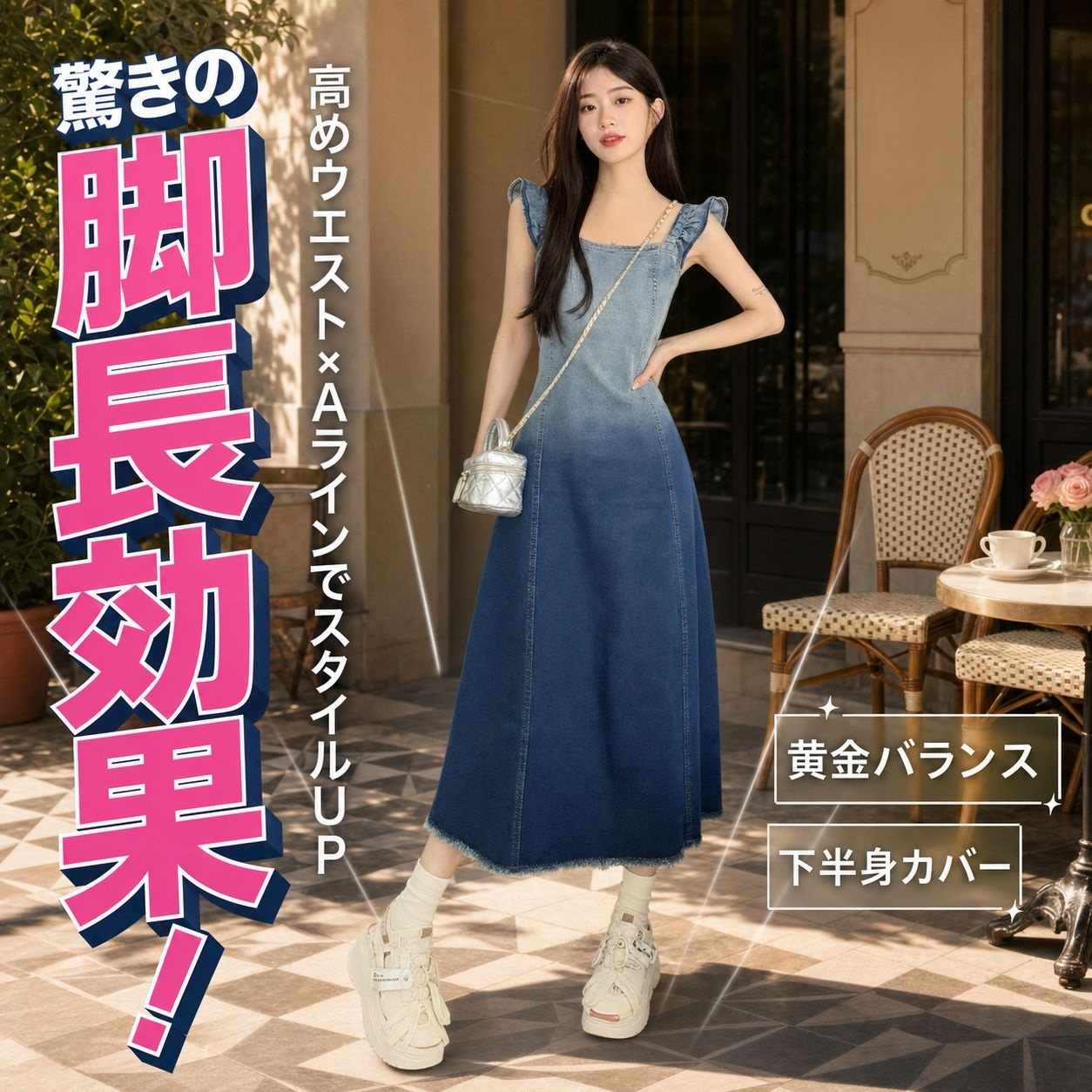 女性用ウエストシェイプグラデーションデニムジャンパースカート
