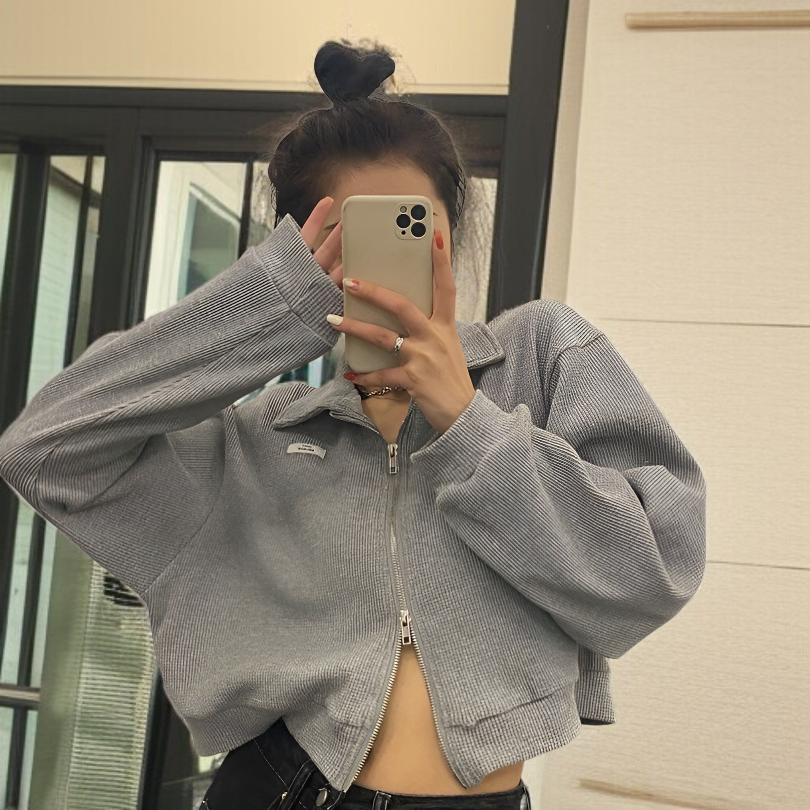 女性用ジッパー付きスポーツワッフルジャケット、春と秋のスタイル、万能カーディガン、学生向けの新しいスタイル、ショートトップス