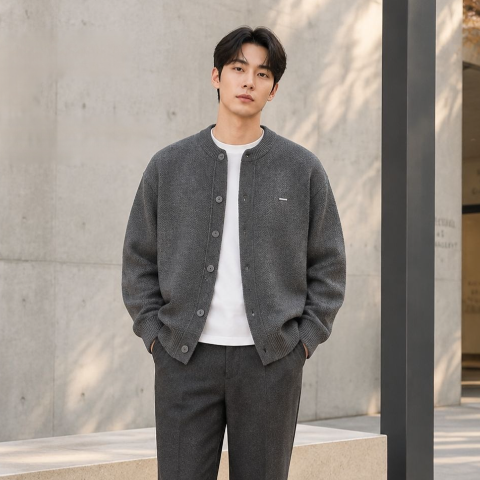 가을 남성 올드머니룩 솔리드 베이스볼넥 니트 가디건 자켓 루즈핏 상의