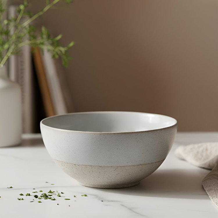 Detail šedé keramické misky s minimalistickým designem