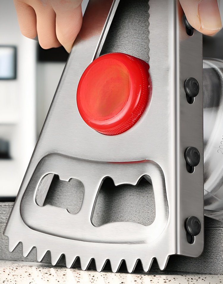 Abridor de botellas multifuncional abriendo una botella