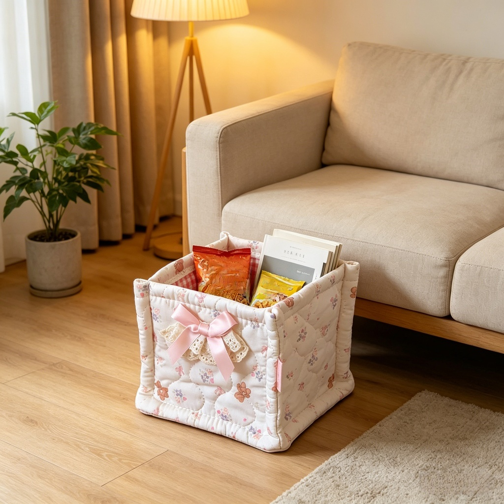 Panier de rangement en tissu à carreaux roses style coréen