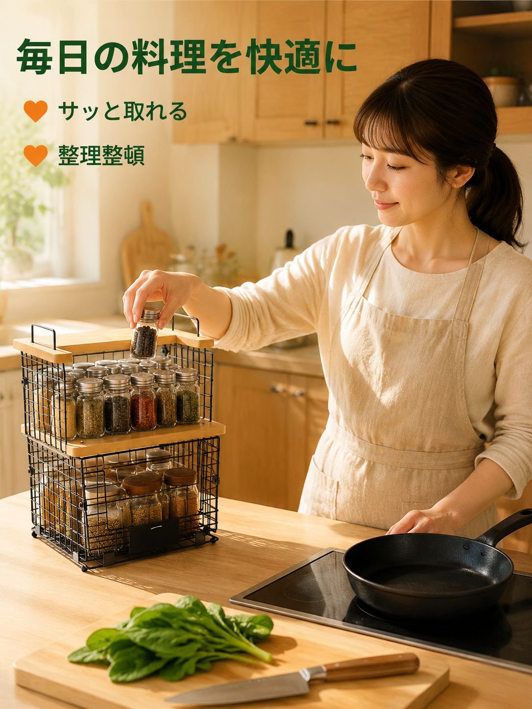 多機能折りたたみ式キッチン収納ラック二段アイアン竹板バスケット