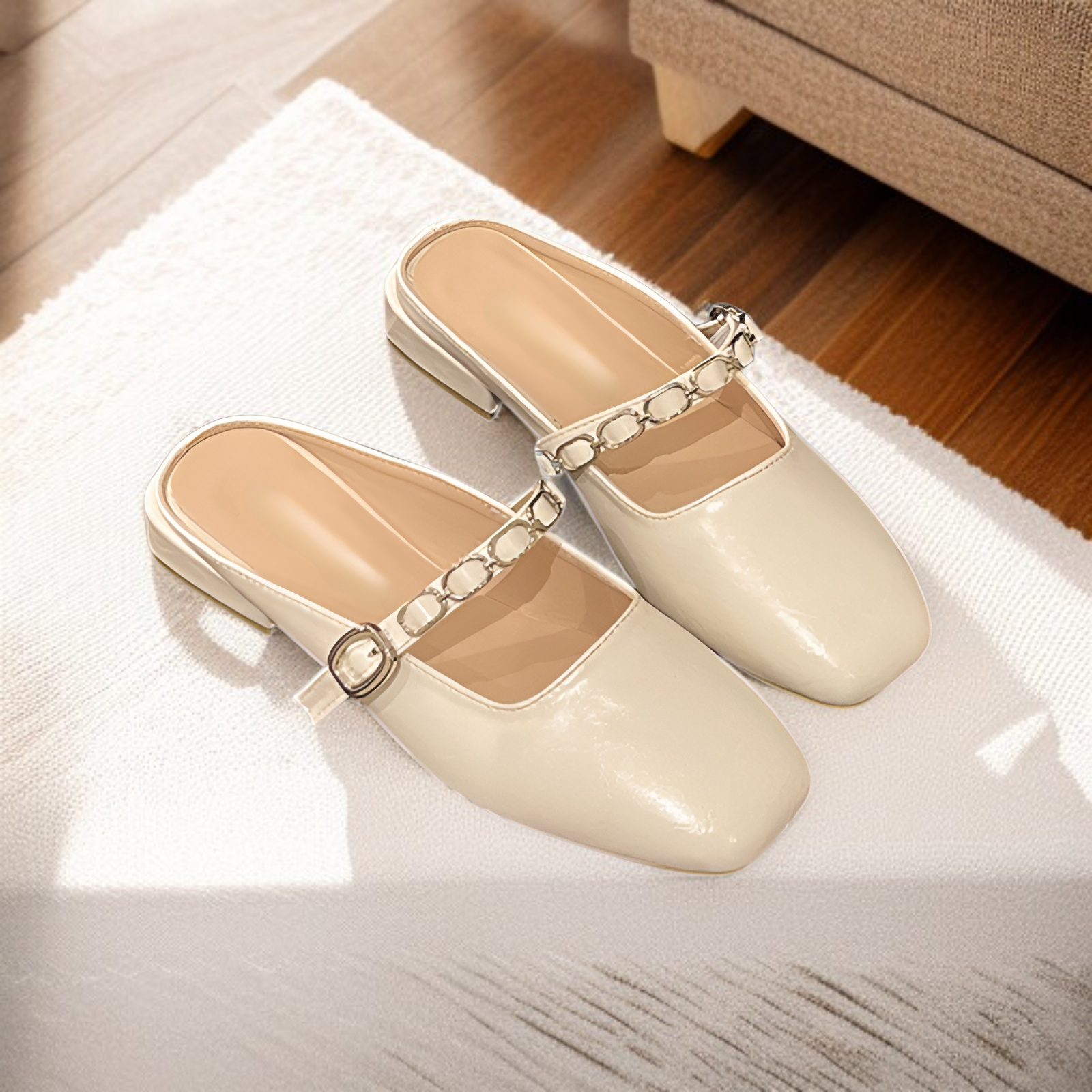 2025春夏サンダルファッションチェーンチャンキーヒールシングルシューズローヒールチェーンマッチングスカートサンダルレトロハーフスリッパレディースアウトドアサンダル