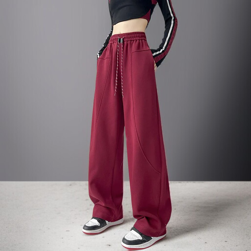 안소 와이드 와이드 팬츠 일자 하이웨스트 트레이닝 팬츠 여 캐주얼 맨투맨 레드 스트링 팬츠