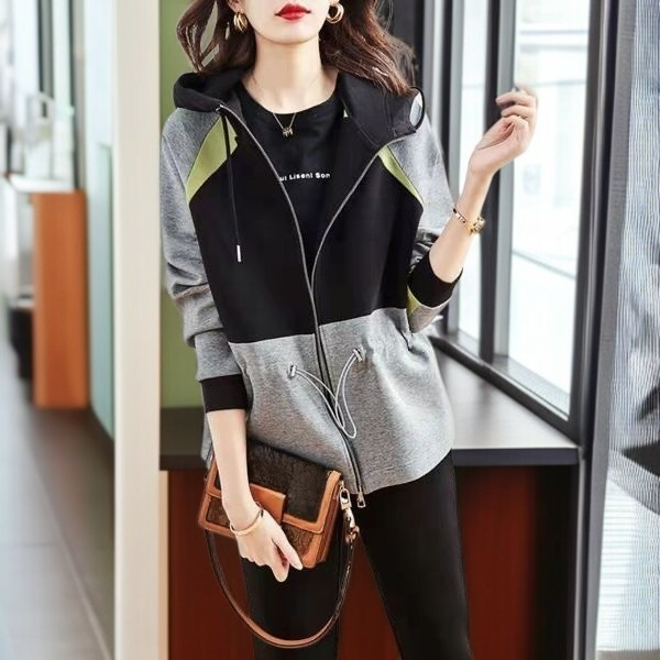 今年人気のレディースジャケット春秋新色マッチング怠惰なフード付きジッパー韓国風ウエスト緩いスウェットシャツ