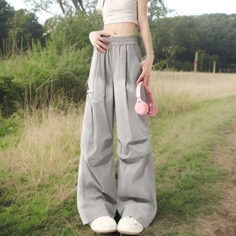 春夏リボン付きワークワイドパンツ ゴム入りハイウエスト 細見せゆったり 3XL大きめサイズ