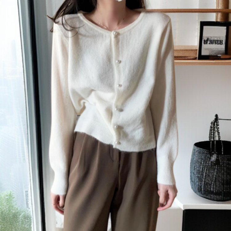 여성 니트 가디건 긴팔 솔리드 상의 진주 버클 여성 봄가을 라운드 니트 가디건 부드러운 니트 코트