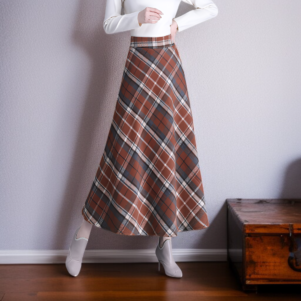 울 체크무늬 미디 스커트