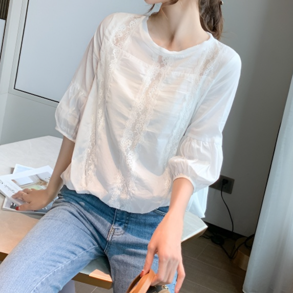 레이스 랜턴 슬리브 쉬폰 오픈워크 셔츠