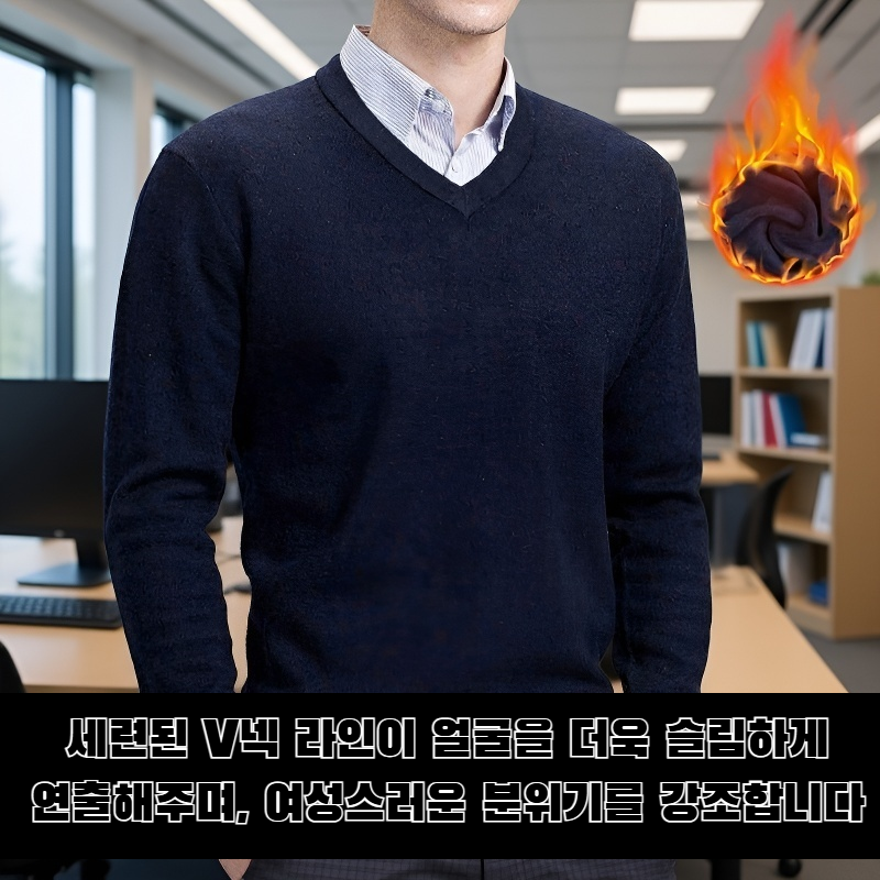 V넥 벨벳 두꺼운 무지 스웨터 전체 이미지