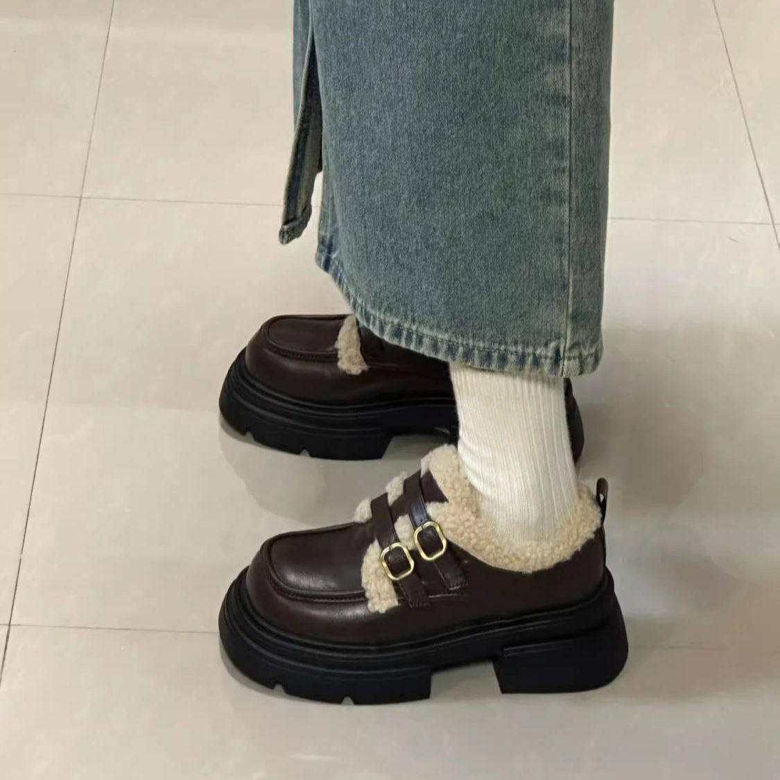 保暖加絨厚底女鞋黑色小皮鞋軟底靴