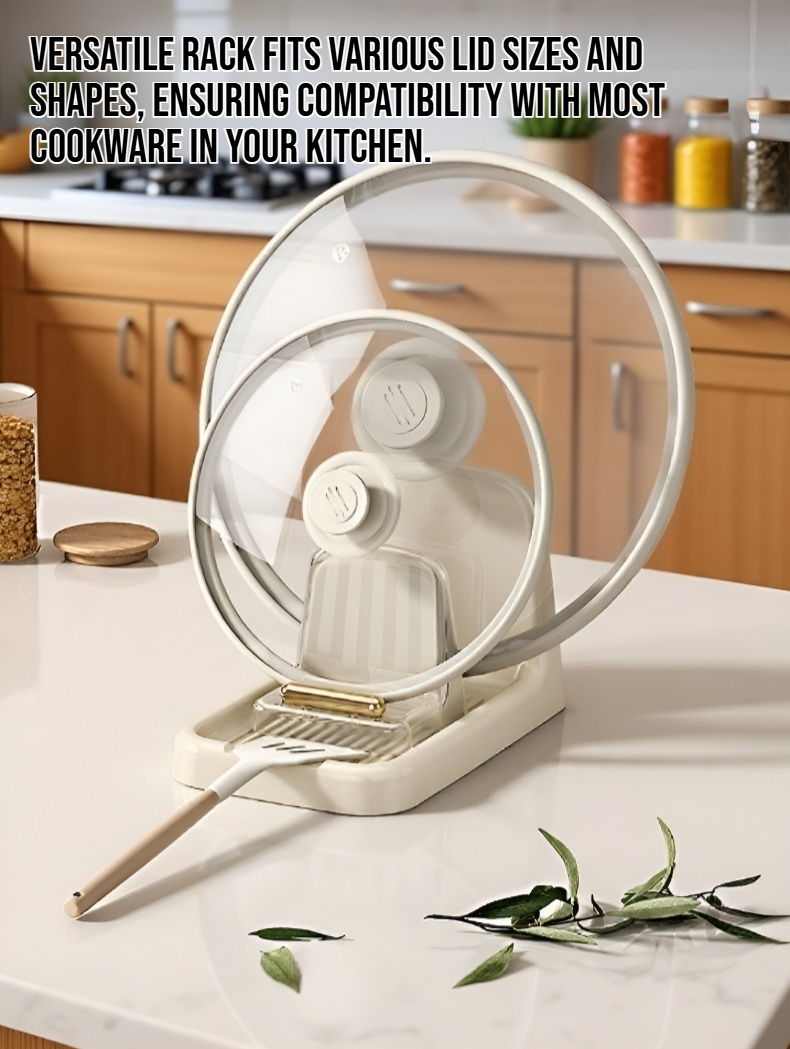 Pot lid organizer holding different sizes of lids