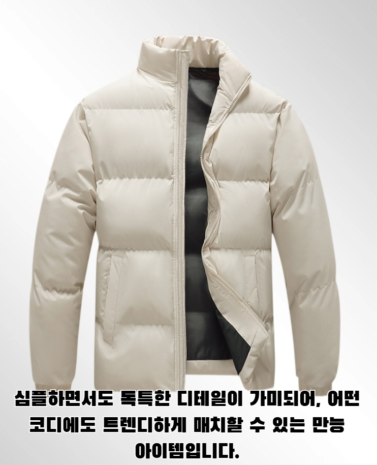 트렌디 스탠드업 칼라 다운 재킷 착용 남성 모델