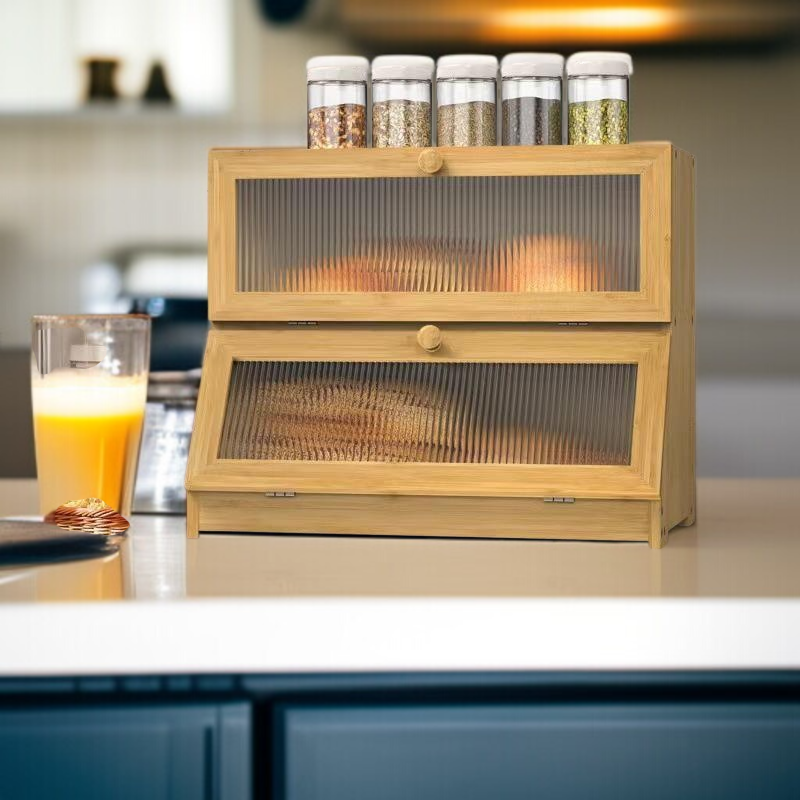 Double-layer bamboo bread box acrylic detachable fruit storage box solid wood snack bread box storag