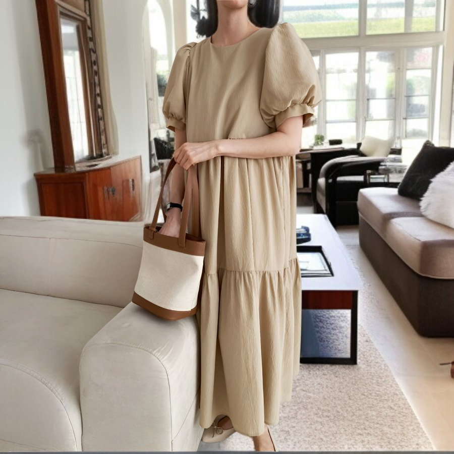 박시 롱 원피스 퍼프 소매 박시 원피스 롱 박시 퍼프 소매 박시 원피스