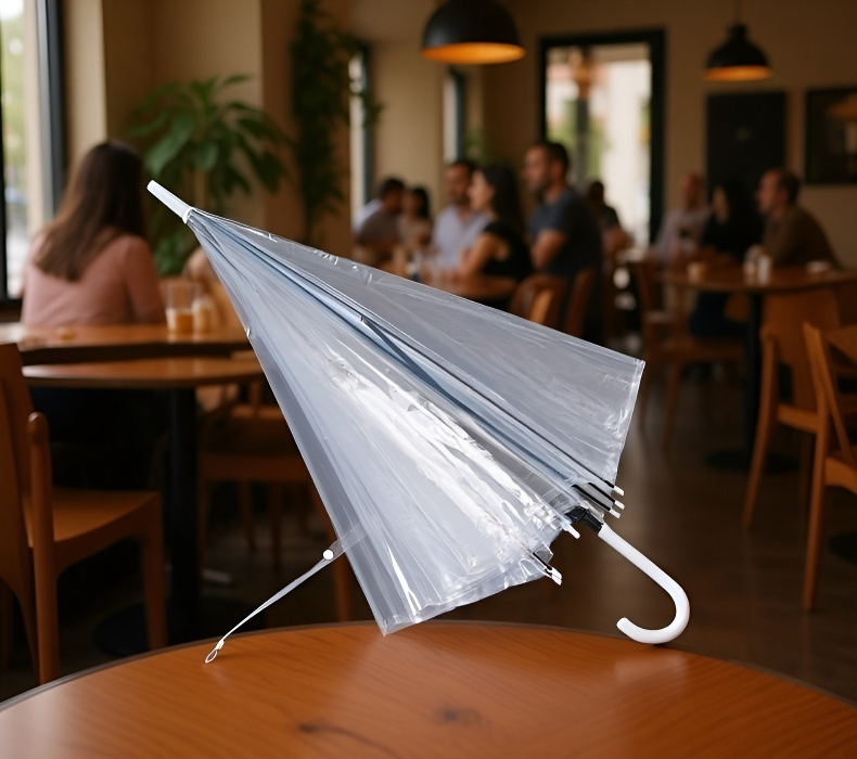 Person holding a transparent umbrella in the city