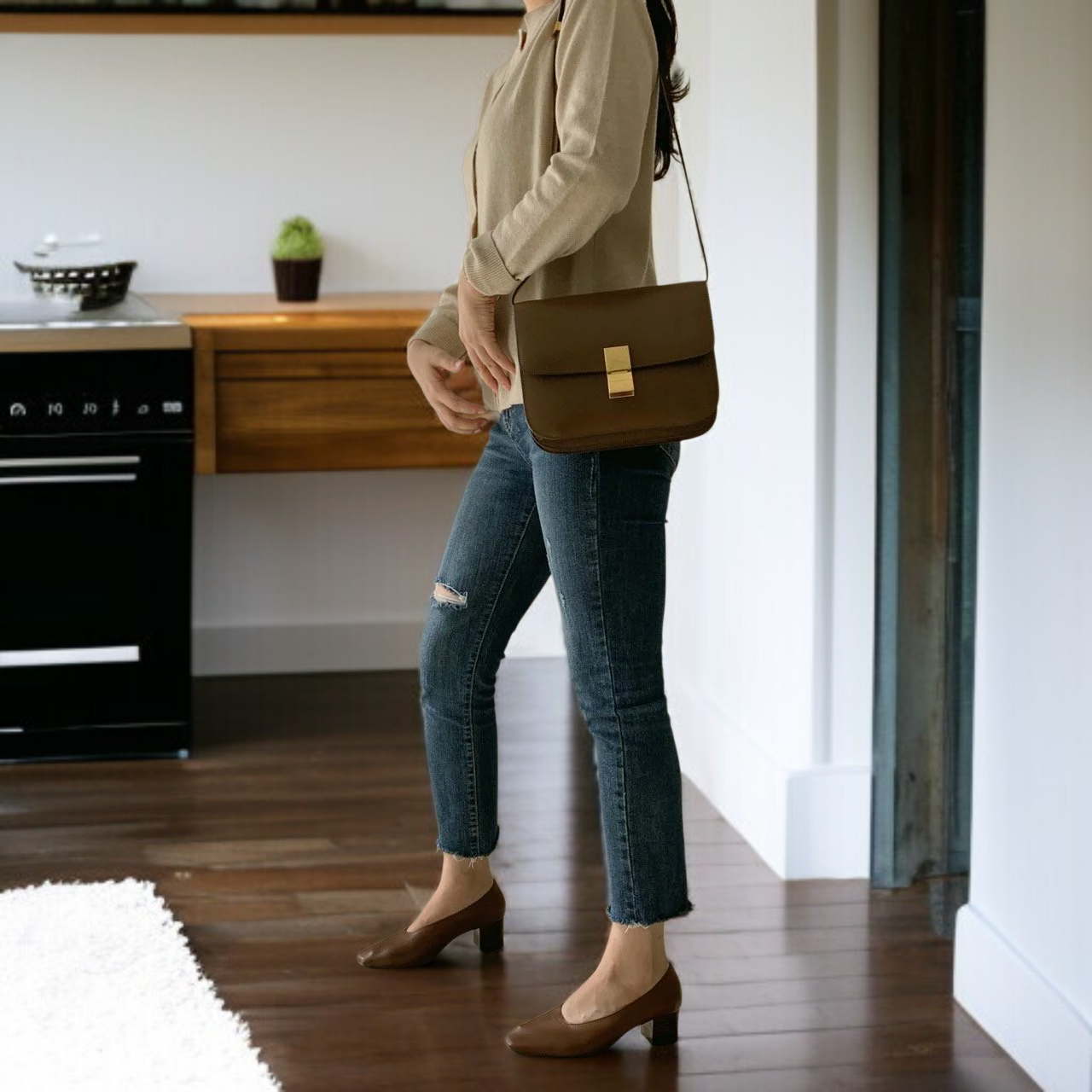 단화녀 춘추 소프트 가죽 스퀘어 슈즈 미들 굽 여성화