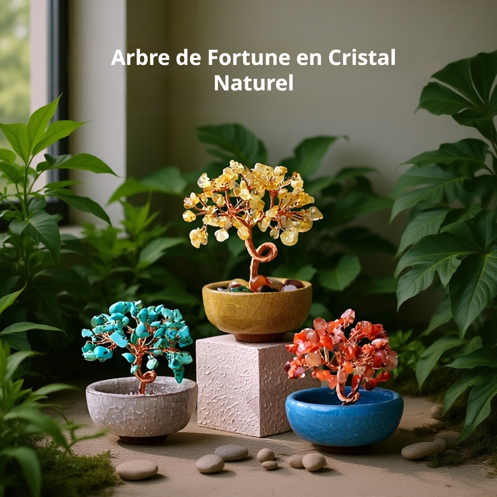 Arbre de cristal naturel avec pierres concassées et pot de richesse