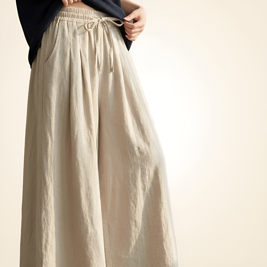 レディースゆったりカジュアル綿麻ワイドパンツロング