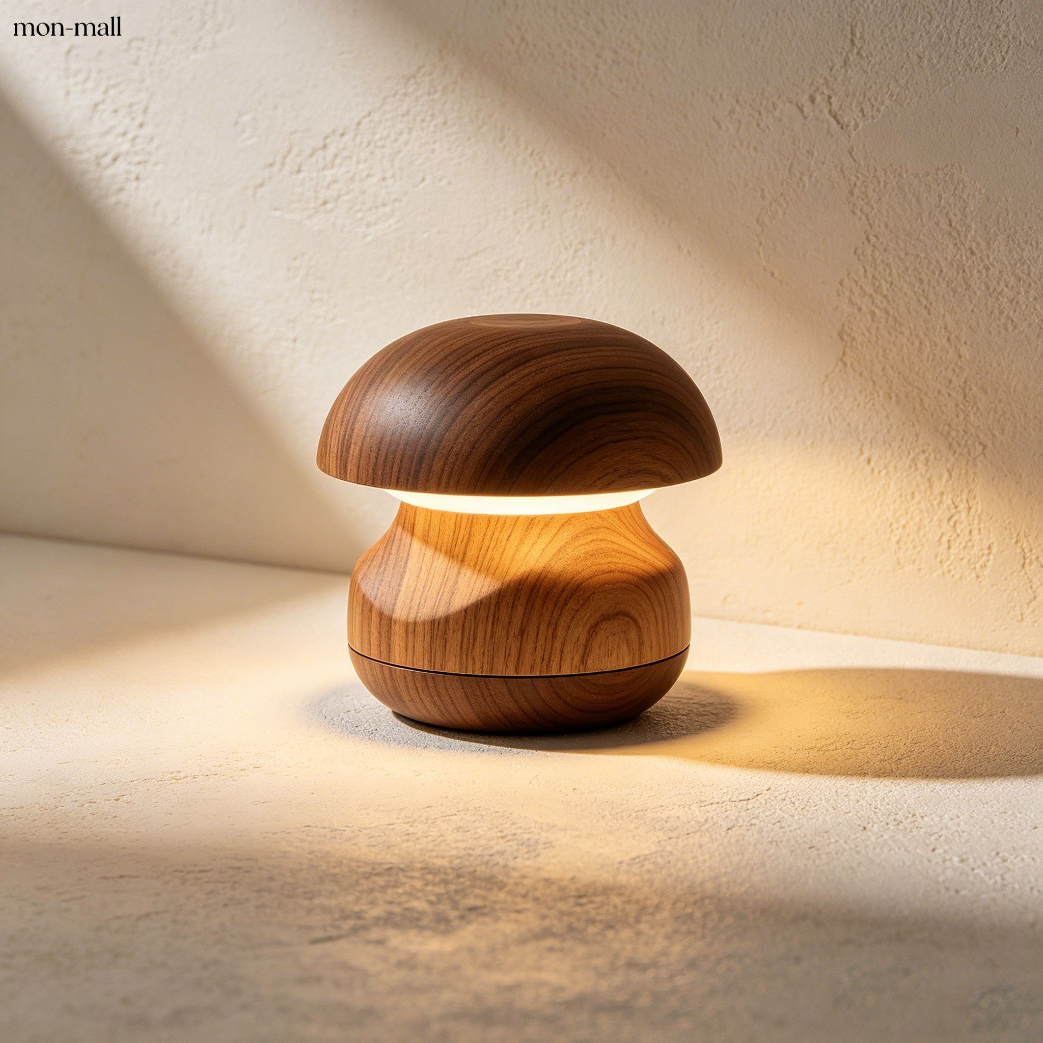 Wood grain touch-sensitive night light on bedside table