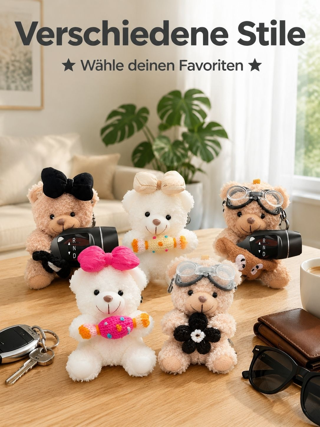Niedlicher, bärenförmiger Schalthebel, Lenkrad und Scheibenwischerarm als dekoratives Ornament