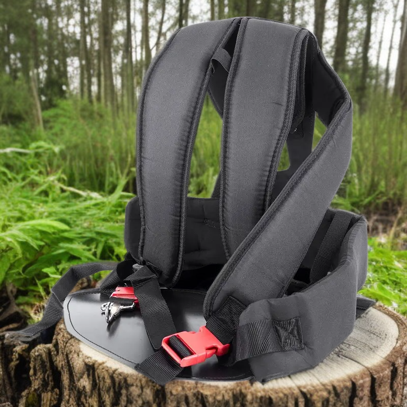 Comfortable double shoulder harness with protective panel for lawnmower