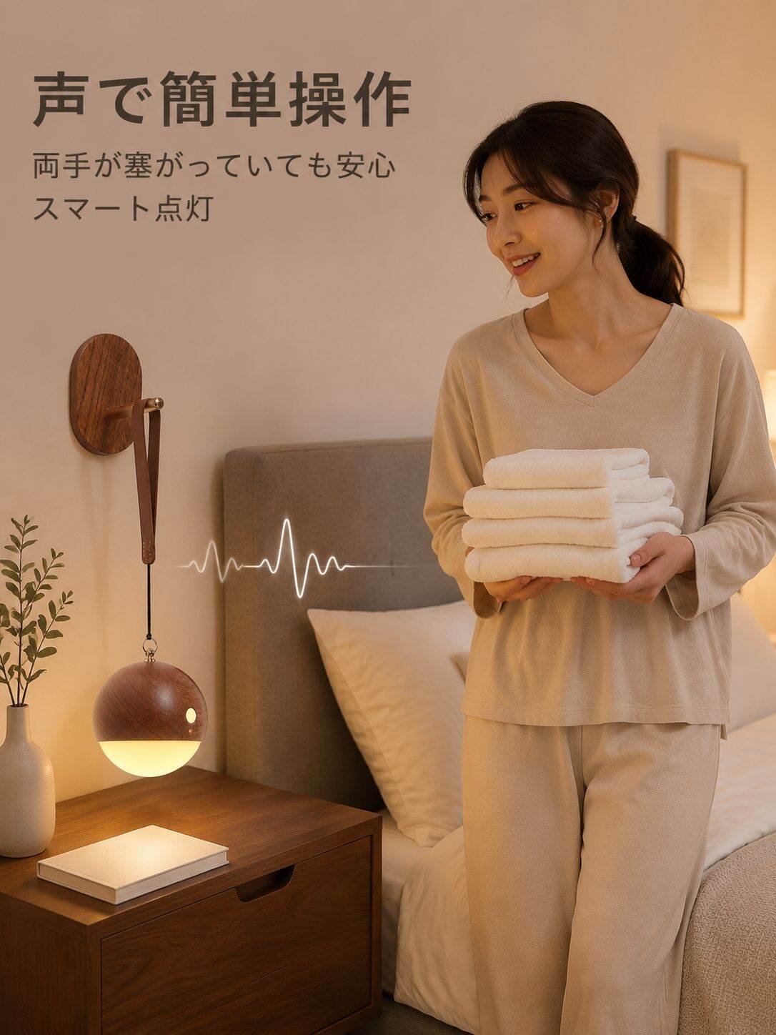 USB充電式音声ナイトライト 木製デザイン 壁掛け・吊り下げ・提灯多機能 3段階明るさ調節
