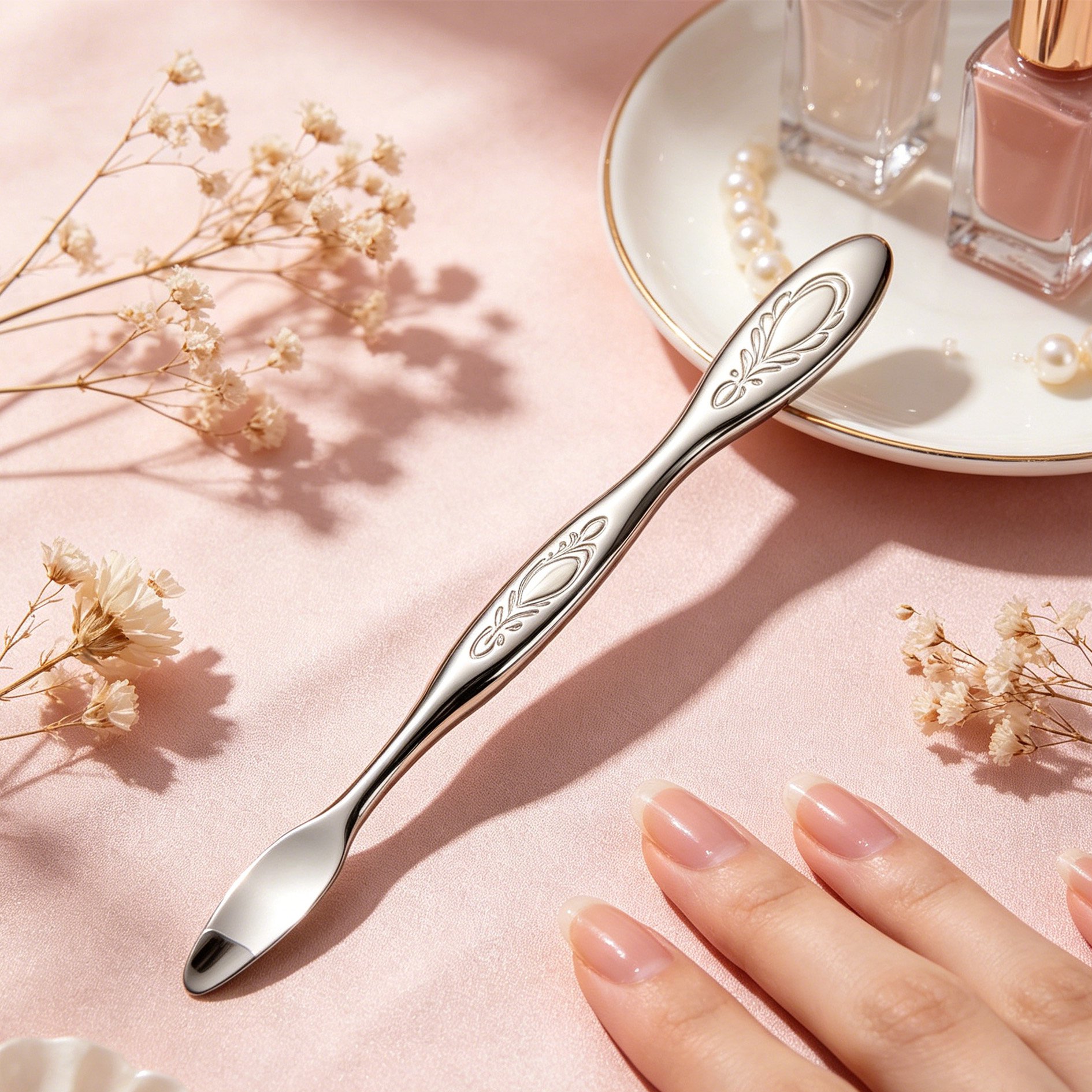 Stainless steel manicure push spatula close-up